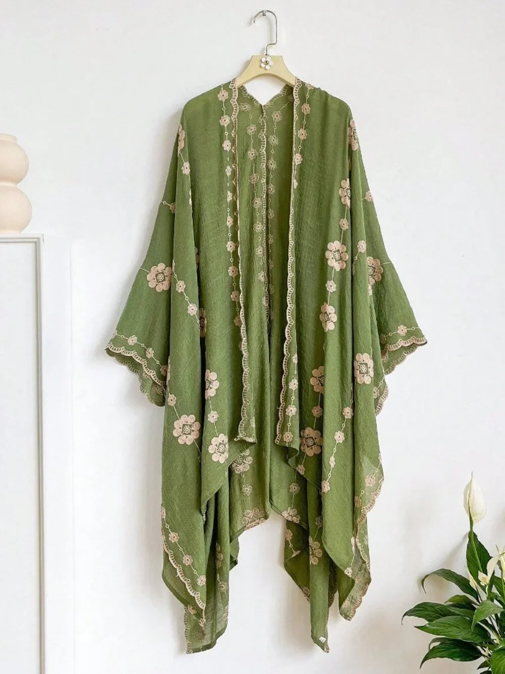 Green Elegant Bohemian Women's Floral Embroidered Kimono Sarong Cover-Up
